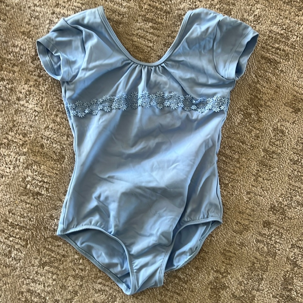 Mirella Leotard, baby blue with bow back and flower details, size 8-10